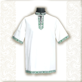 Рубаха Истоки, белый хлопок с зеленым- фото 1